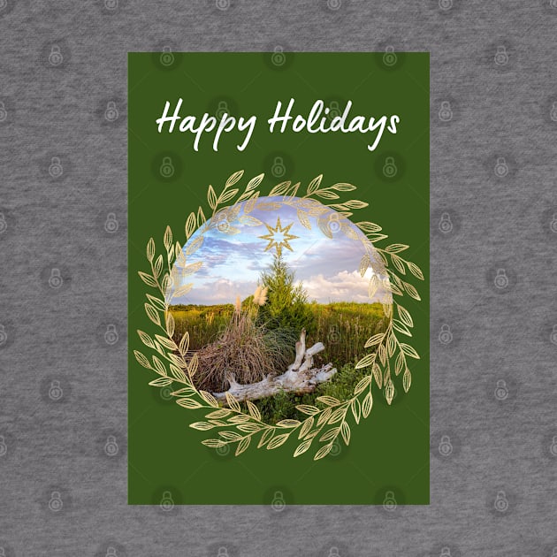 Happy Holidays - Rustic Evergreen and Gold Leaves by Suncatcher Photos - Apparel - Home Decor